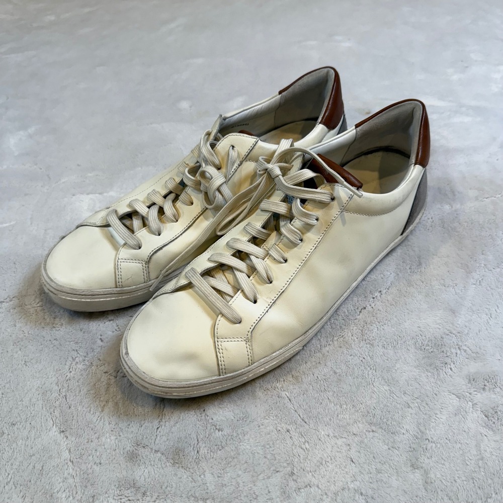 Vince Flint Leather Low Top Sneakers Mens 11.5 Off White Brown Grey Suede Accent